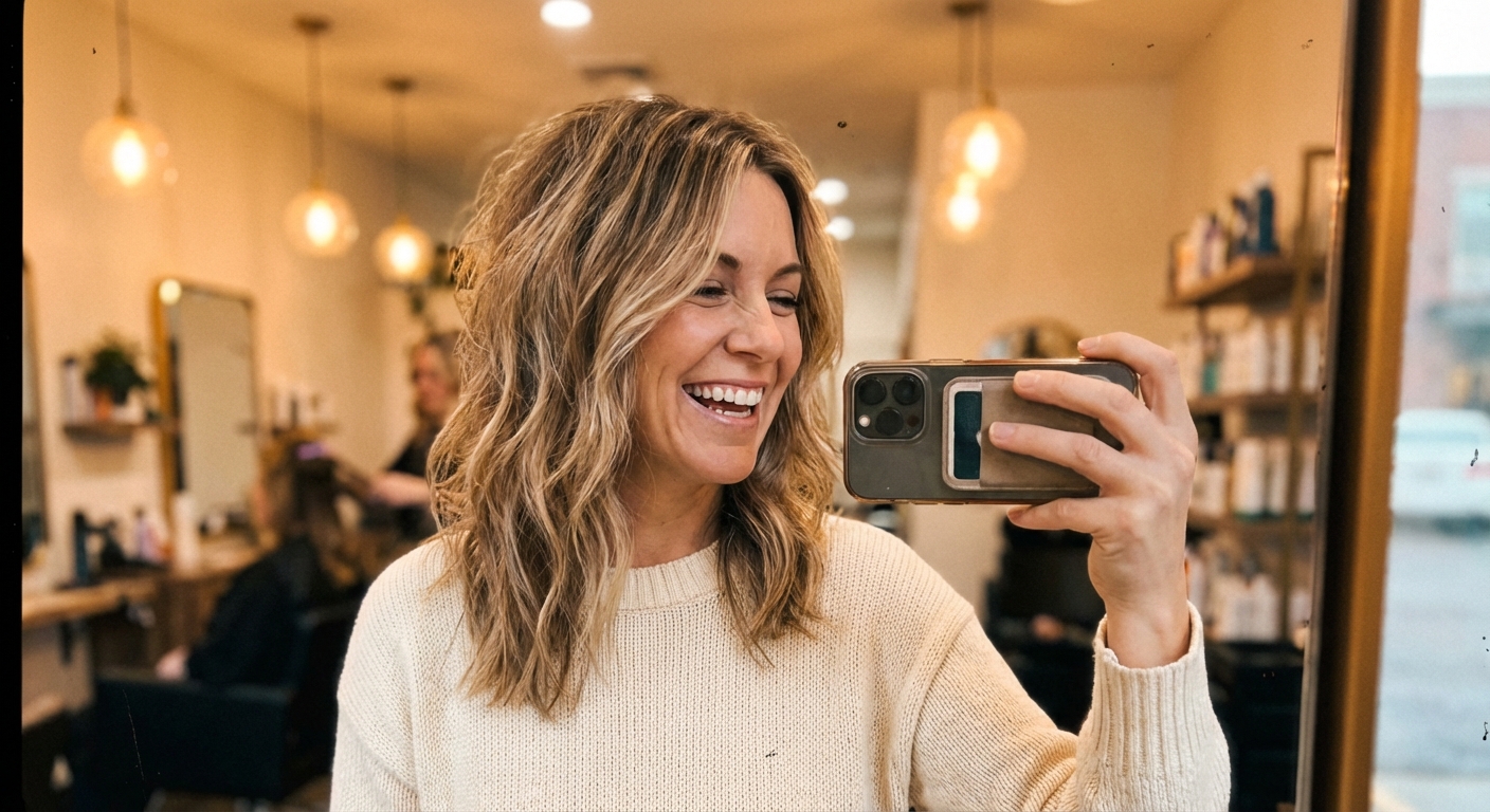 Sandra M. zeigt stolz ihre neue Balayage im Salon