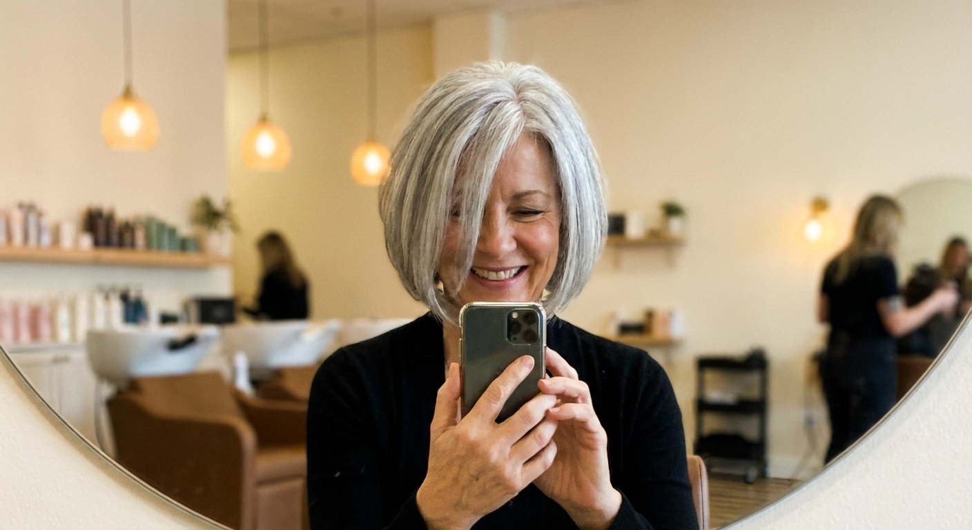 Regula S. mit ihrem neuen Silver-Bob im Spiegel