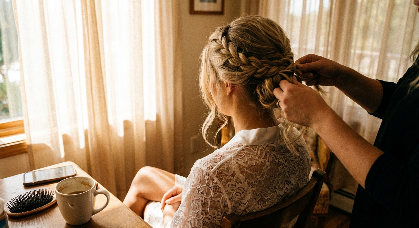 Monika H. am Hochzeitsmorgen beim Brautstyling